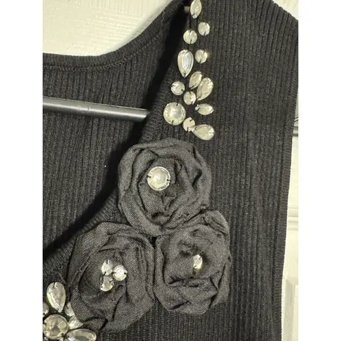 Ruby Rd . Black Tank Top, Ribbed, Rose/Gem Stone Detail At Collar, 1X