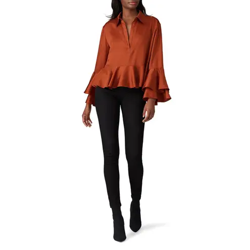 Cinq à Sept Cinq a Sept Kirin Orange Satin Ruffled Bell Sleeve Collared Blouse Top Size XS