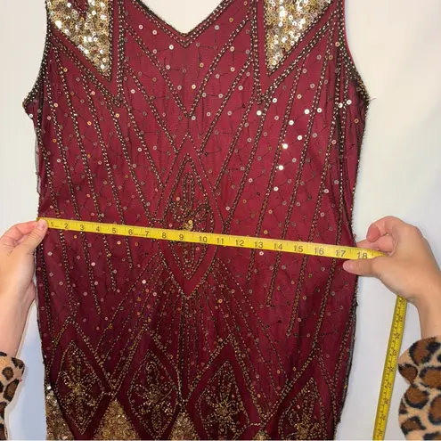 Flapper Beaded Sequin Vintage 60s Sleeveless Dress with Fringe Red Size L