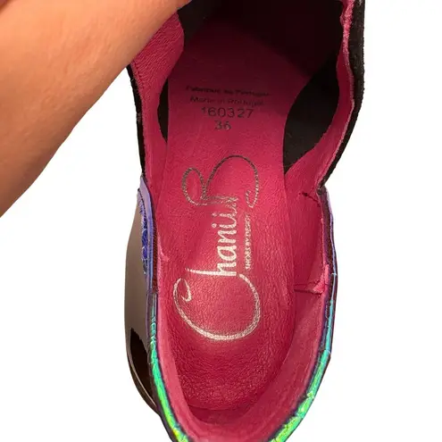 Chanii B Zippette Black Foil Star Ankle Boot Suede Blue Purple Green Bootie 36 Size 5.5