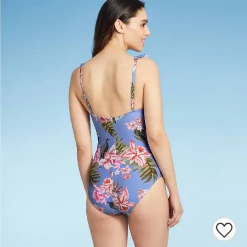 Kona Sol ruffle strap blue floral high coverage one piece swimsuit, size XL