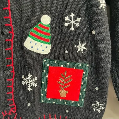 Vtg Christmas Sweater Cardigan Womens Size Small Whimsical 90s Vintage Teacher Black