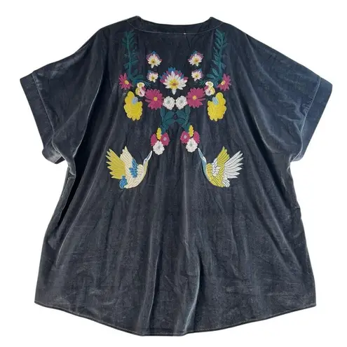 Entro  XL Gray Velvet Kimono Bright Floral Embroidery Boho Bohemian Whimsigoth