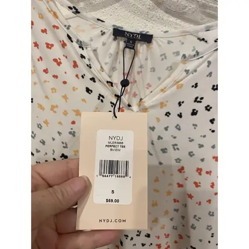 NYDJ Perfect Tee Shirt Womens Small White Multicolor V-Neck 3/4 Sleeve MLER3988