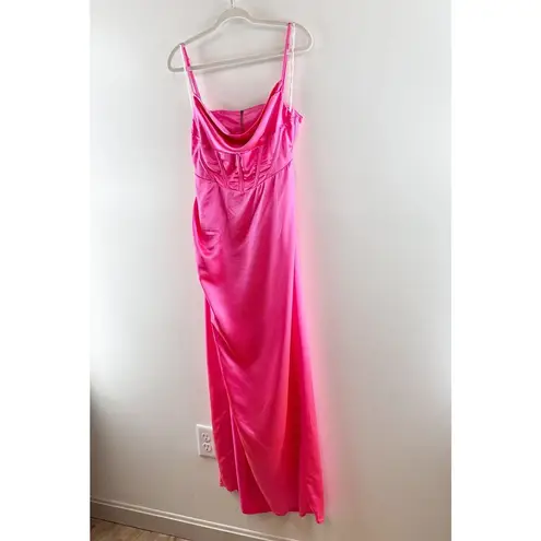 Retrofete Rosa Corset Drape Open Back Satin Maxi Slip Gown Dress Hot Pink Large