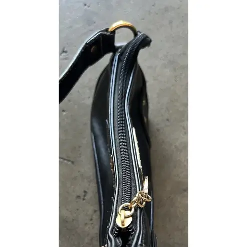 Baby Phat Vintage Mini Shoulder Handbag Black Leather Stone Logo Gold Charm RARE