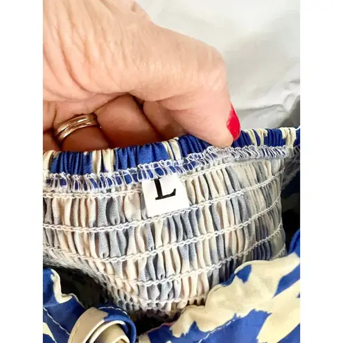 Printed Puffed Sleeve Smocked Tiered Midi Dress Blue/Cream / pink Women's Size L Blue Size L