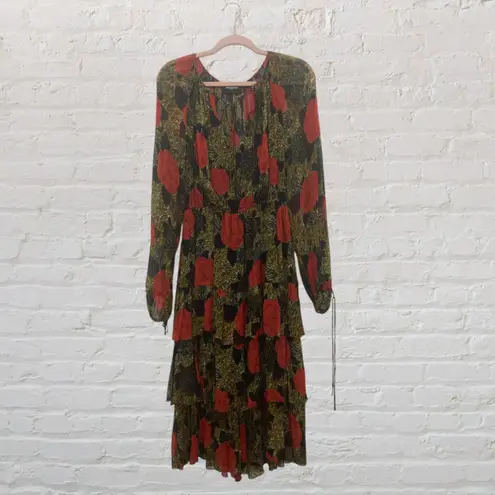 The Kooples Jungle Camelia Print Tiered Ruffle Dress L Red Multi Boho Midi