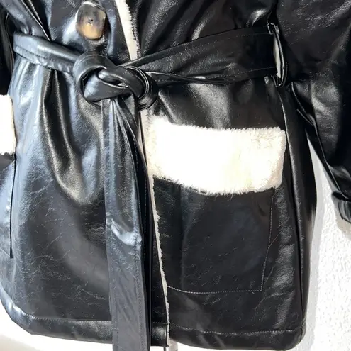 Pascale La Mode faux leather wrap jacket black w/white faux fur lining Size L Size L