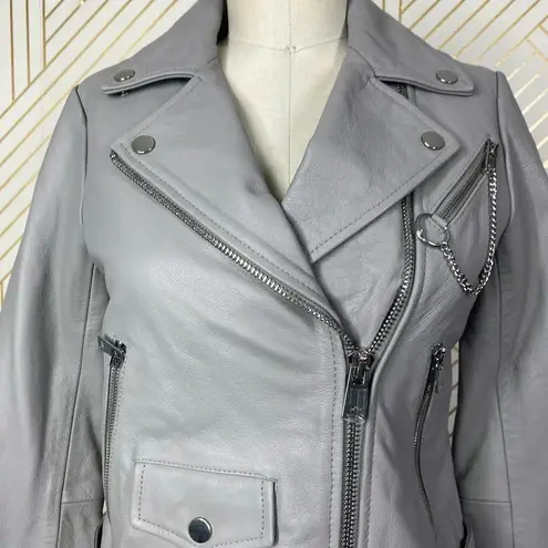 Maje Bassung Belted Leather Motorcycle Jacket Gray