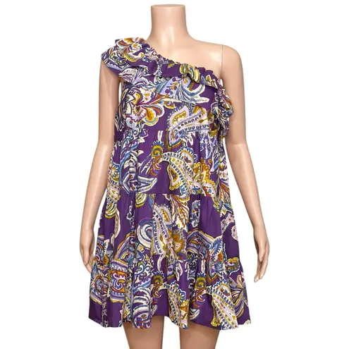 Sézane Leanore One Shoulder Mini Dress, Purple Soffi Print, FR36/US4