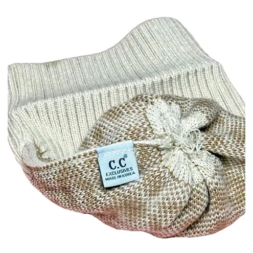 C.C. Leopard Print Knit Beanie Faux Fur Pom Womens Winter Hat Trendy Acrylic Tan