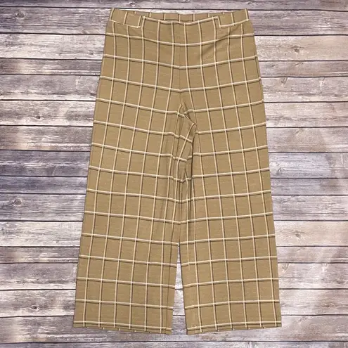 J Jill Camel Ivory Black Plaid Knit Full Leg Cropped Pants Medium Ponte Pull On Tan