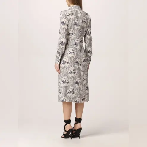 PINKO White Blue Panther Print Long Sleeve Midi Dress Size 8