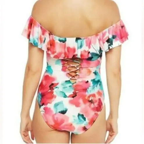 La Blanca Wild Flounce Floral Print Popover Flounce One-piece Swimsuit- Size 16