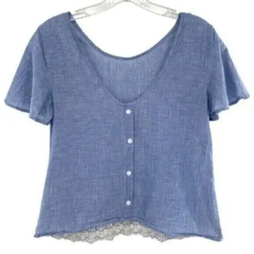 Cottagecore Eyelet Embroidered Chambray Button Back Top Blue Size M
