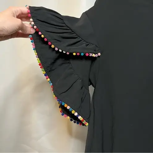 Very J Black Shift Dress with Rainbow Pom Pom Ruffle Sleeves Small