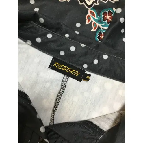 Reborn Pintuck Polka Dot Paisley Western Rodeo Boho Button Up Dress Gray Medium