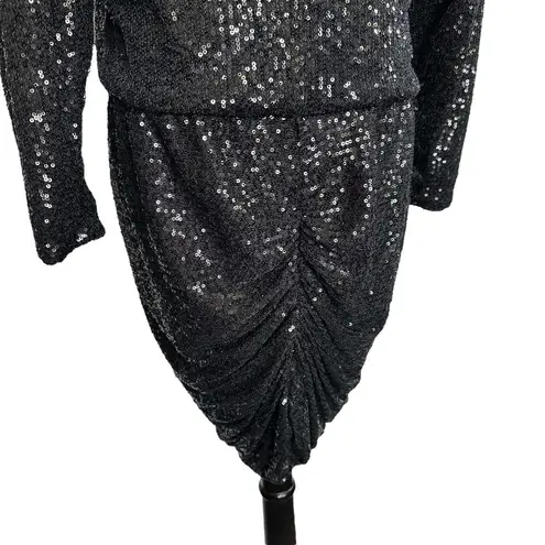 Retrofête Retrofete Flynn Sequin Ruched Tulle Long Sleeve Key Hole Mini Dress Black Large