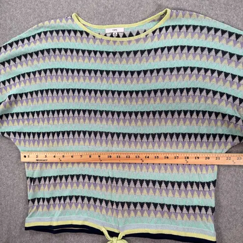 Fate Short Sleeve Tie Waist Knit Top Women's Medium Blue Green Stripe Linen Blen