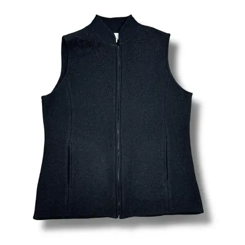 Alfred Dunner Embroidered Beaded Full Zip Mock Neck Boucle Wool Vest Black Small