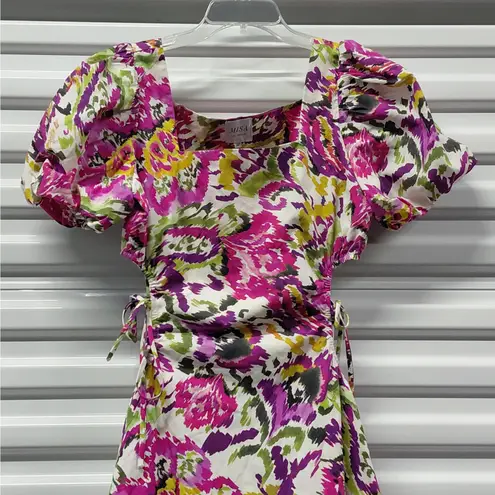 MISA Los Angeles Womens Dress Medium Floral Cutout Puff Sleeve Cottage Flirty