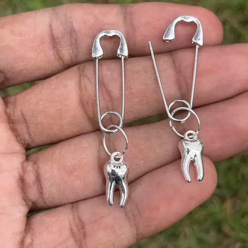 Handmade Unique Elegant Punk Gothic Style Tooth Safety Pin Design Hoop Earrings, Boho