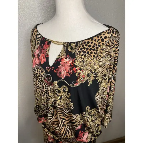 Thalia Sodi Designer Dress XXL Blouson Braided Gold Belt Black Open 3/4 Sleeve