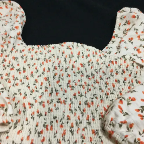 BCBG Generation Floral Puff Sleeve Smocked Square Neck Crop Top Women's Size S White