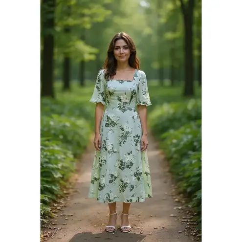 AW Bridal Sage Garden Party Floral Midi Dress Square Neck Women's Size 8 Green