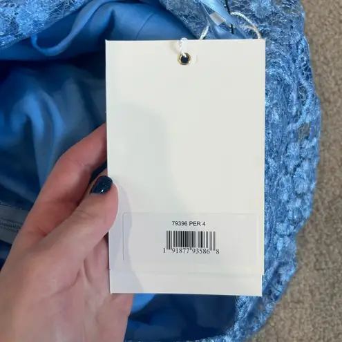 Mac Duggal NWT Blue Lace Ruffled Rhinestone Waist Maxi Gown Formal Prom Size 4