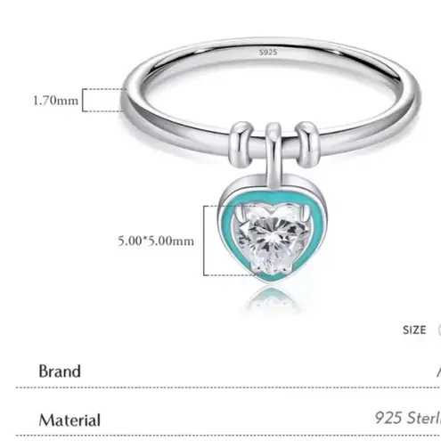 Boutique NEW Platinum Plated S925 Simulated Diamond Teal Heart Charm Ring, Size 6
