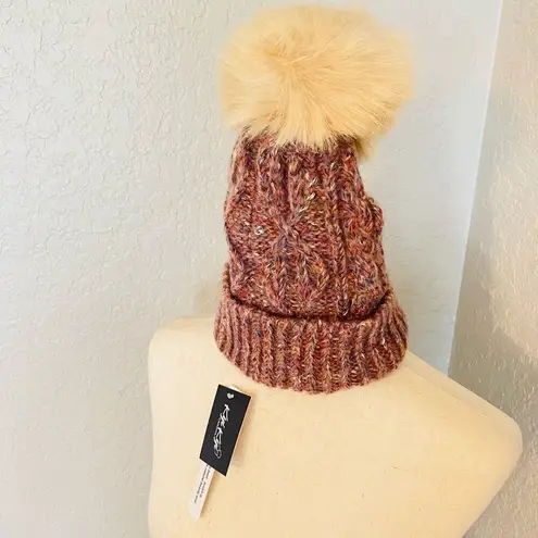 KYI KYI Faux Fur Pompom Classic Wool Beanie Hat, Natural/Cream, One Size, NWT Purple
