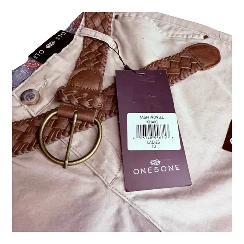 One 5 One Khaki SHORTS + Brown Braided BELT Women's Size 10 US Set Stretch NWT