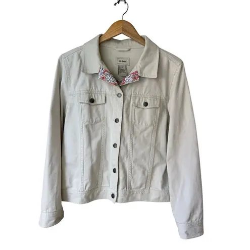 Vintage L.L Bean 100% Cotton Beige/Cream Denim Jacket With Floral Trim Tan Size L