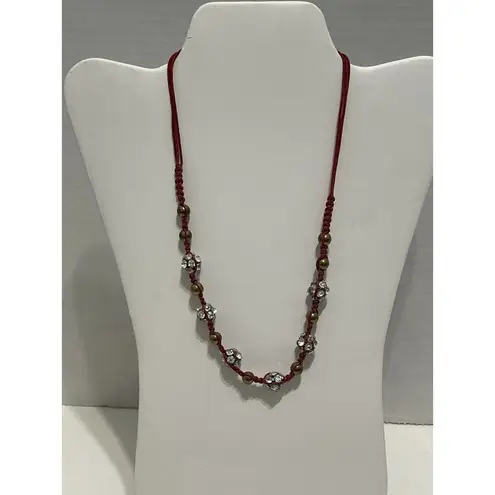 None Braided Cord Disco Ball Gemstone Necklace Dark Red