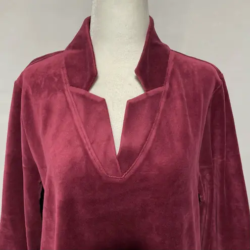 Denim & Co New Velour Notch Neck Long Sleeve Top Dark Burgundy Size Medium