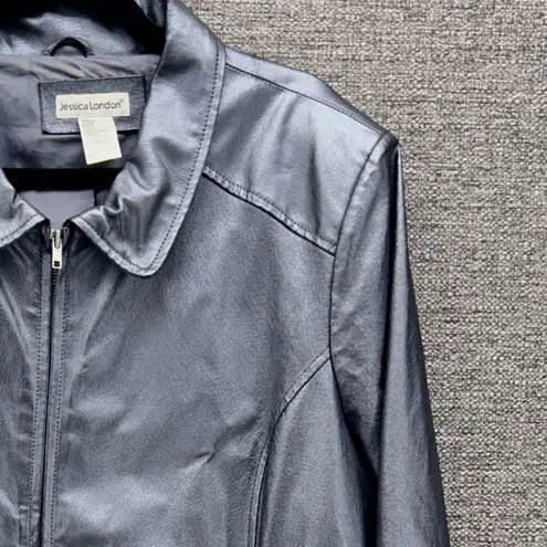 Jessica London Womens Leather Jacket Size 20 Silver Metallic Retro Full Zip