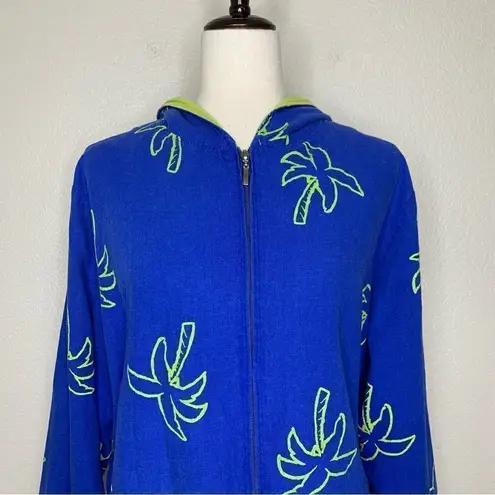 Erin London Linen Blend Vintage Blue Palm Trees Zip Up Hoodie Jacket
