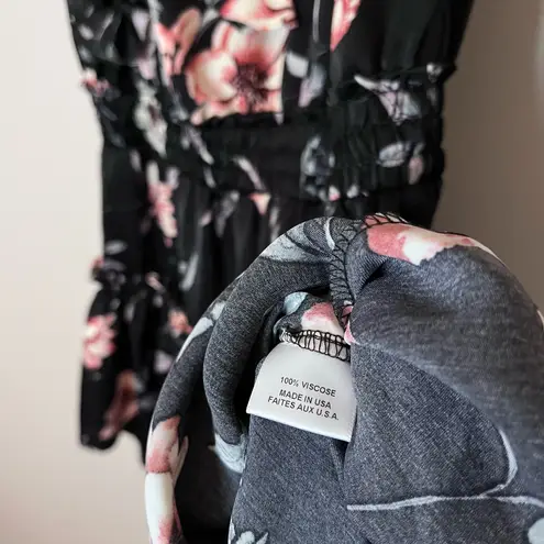 MISA Los Angeles Cecile Satin Floral Tiered Ruffle Tassel Mini Dress Black Pink