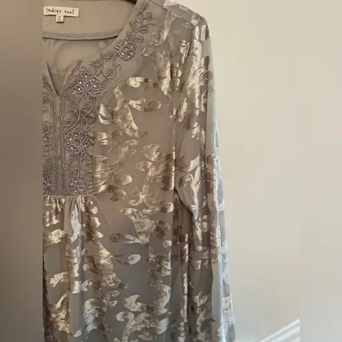 Indigo Soul Velvet Burnout Tunic Top Taupe Embellished Boho Holiday Festival