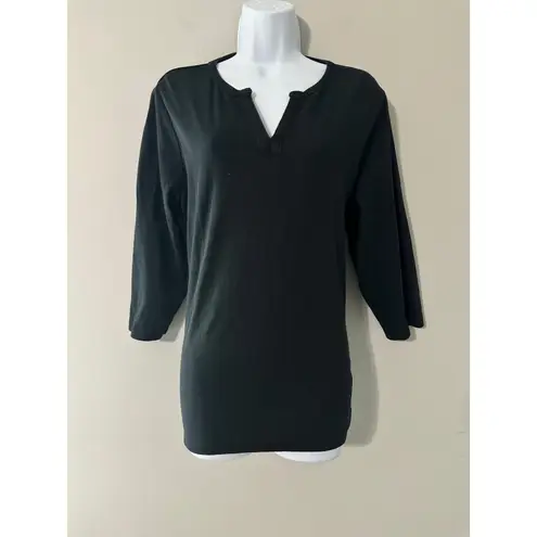 LL Bean Womens Black 1X Plus 3/4 Sleeve V Neck Cotton Split Neck Tunic Top