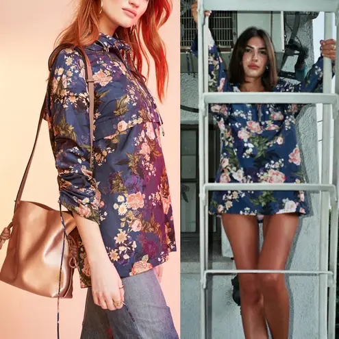 Anthropologie LPA X  Jacket 360 Hoodie Windbreaker Waterproof Floral Blue Pink