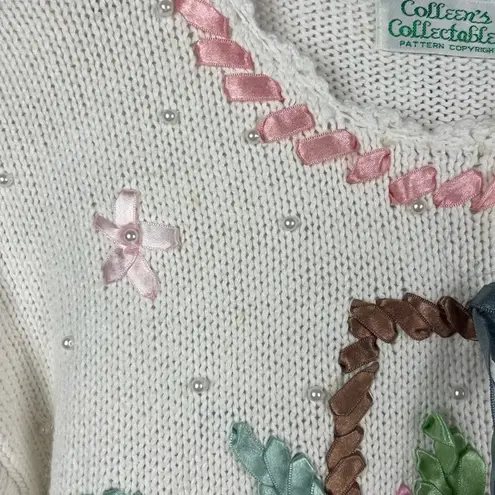 Vintage Colleen Collectibles White Knit Ribbon Floral Planter Pullover Sweater Size M
