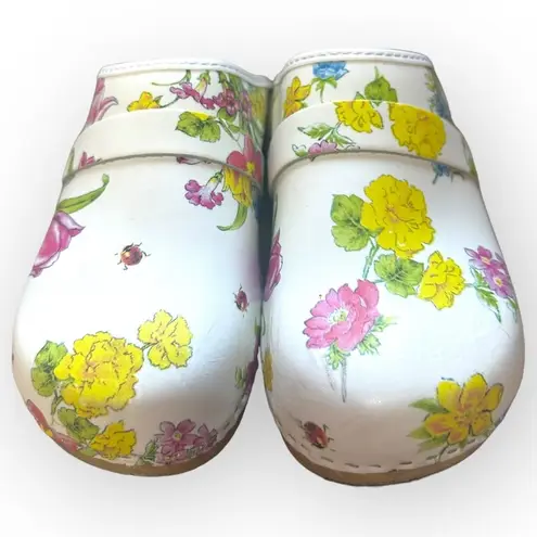 Buxa Floral Leather Clogs Wooden Sole Slip