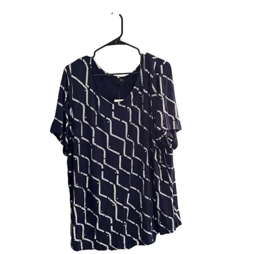 JM Collection Women's 3X Navy Blue & White Abstract Short Sleeve Top