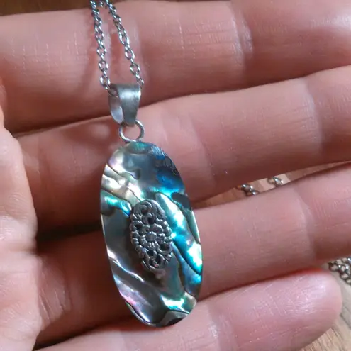 Floral Design Abalone Sterling Silver Pendant Stainless Steel Necklace