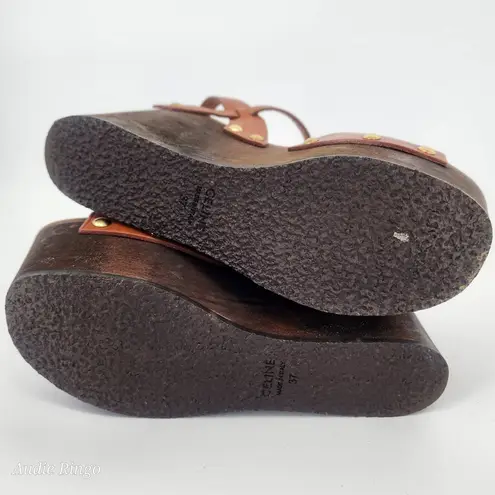 CELINE Wooden Platform Wedge Sandals Tan Leather Gold Studs 37 (US 7)