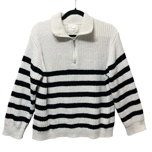 No Comment Womens Pullover Knit Sweater XL Black White Striped Quarter Zip