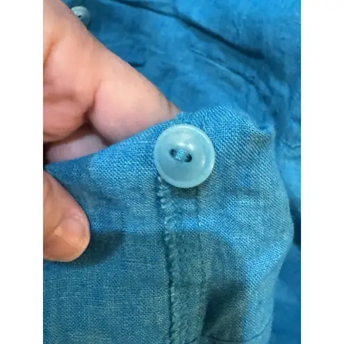 Flax Button Down Short Sleeve Tunic Shirt Blouse Size Medium Aqua Blue